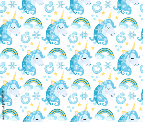 Cute winter unicorn princess seamless pattern  background. Christmas magical endless texture for little princesses. Vector.