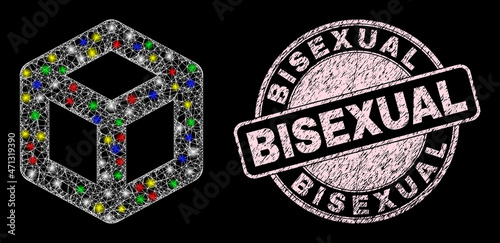 Glossy crossing mesh cube icon with glare effect on a black background with Bisexual scratched seal print. Pink seal contains Bisexual tag inside round shape.