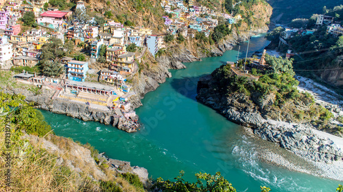 Devprayag, Uttrakhand - Confluence of Alaknanda and Bhagirathi river. Starting point of river Ganga or Ganges photo