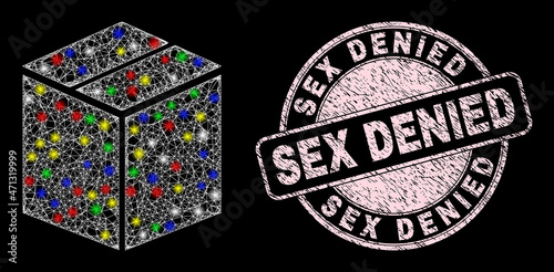 Glossy hatched net mesh closed carton box icon with glare effect on a black background, and Sex Denied rubber seal imitation. Pink stamp has Sex Denied tag inside round shape.