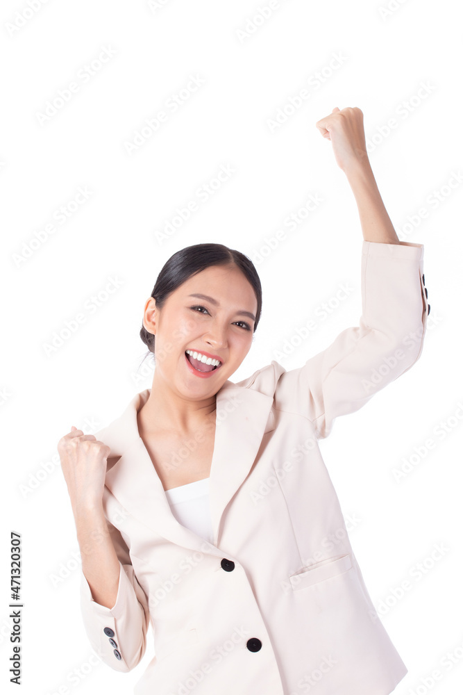 Beautiful young Asian business woman wearing suit feeling successful, good job, happy and smile celebrating with arms up isolated on white background. Beautiful young Asian business woman wearing suit feeling successful, good job, happy and smile celebrating with arms up isolated on white background.