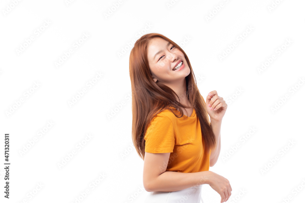 Portrait of beautiful young Asian girl model long hair in casual summer clothes smile, happy and enjoying in studio isolated on white background. Portrait of beautiful young Asian girl model long hair in casual summer clothes smile, happy and enjoying in studio isolated on white background.
