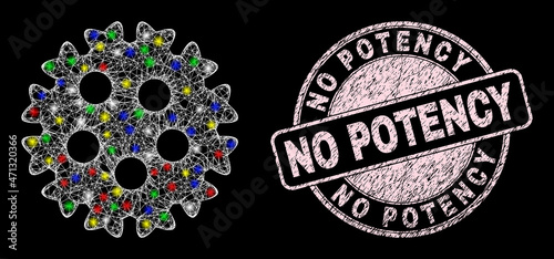 Glossy crossing net coronavirus icon with glitter effect on a black background, and No Potency dirty seal imitation. Pink stamp seal contains No Potency caption inside circle shape.