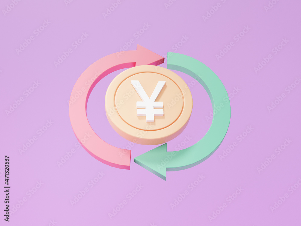 3D Yen coin icon with arrow floating on Purple background Cost saving cashback concept, transfer, exchange rate, cartoon cute smooth. 3d render illustration 3D Yen coin icon with arrow floating on Purple background Cost saving cashback concept, transfer, exchange rate, cartoon cute smooth. 3d render illustration