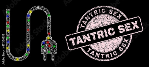Glossy crossing mesh electrical cord icon with glow effect on a black background, and Tantric Sex unclean stamp. Pink stamp seal includes Tantric Sex caption inside circle shape.