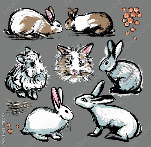 Collection set. Seven rabbits with elements. Drawing illustration in the style of a careless retro sketch by hand. Vector.