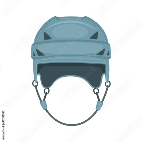 Grey hockey helmet, front view. Helmet to protect the head from injury during the game of hockey. Sports equipment. Vector illustration isolated on a white background
