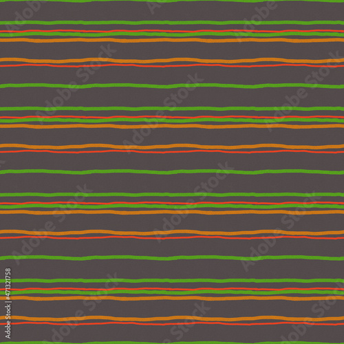 Seamless pattern of horizontal multicolored stripes of yellow,green, red. Hand-drawn illustration. Oriental motifs, folk drawing, tapestry. Design of fabric, textiles, clothing, wallpaper, packaging.