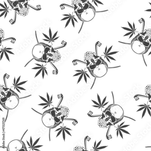 Seamless pattern of vintage monochrome skull and smoking pipe. Vector illustration.
