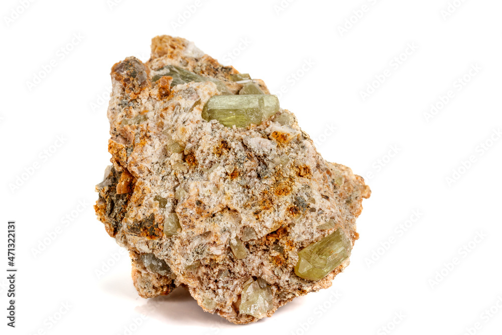 Macro stone Apatite mineral on white background Macro stone Apatite mineral on white background