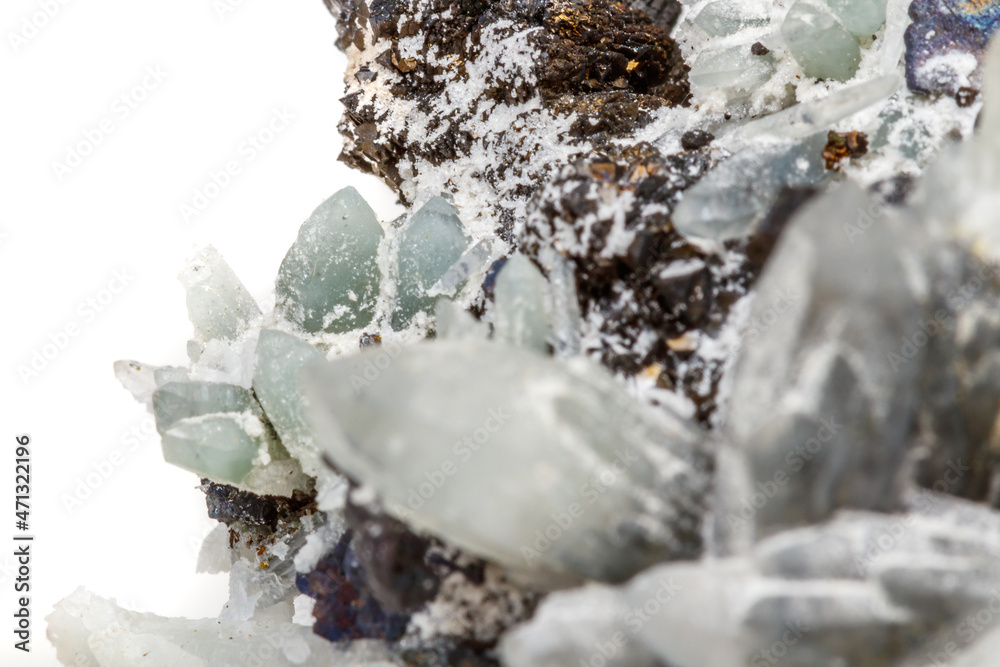 Macro mineral stone Drusus quartz with sphalerite in the rock a white background Macro mineral stone Drusus quartz with sphalerite in the rock a white background