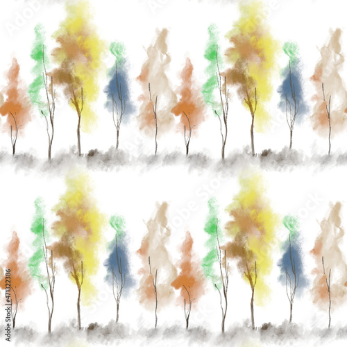 Seamless pattern of multicolored trees. Watercolor hand-drawn illustration. Interior design, wallpaper, background, textiles, fabrics.