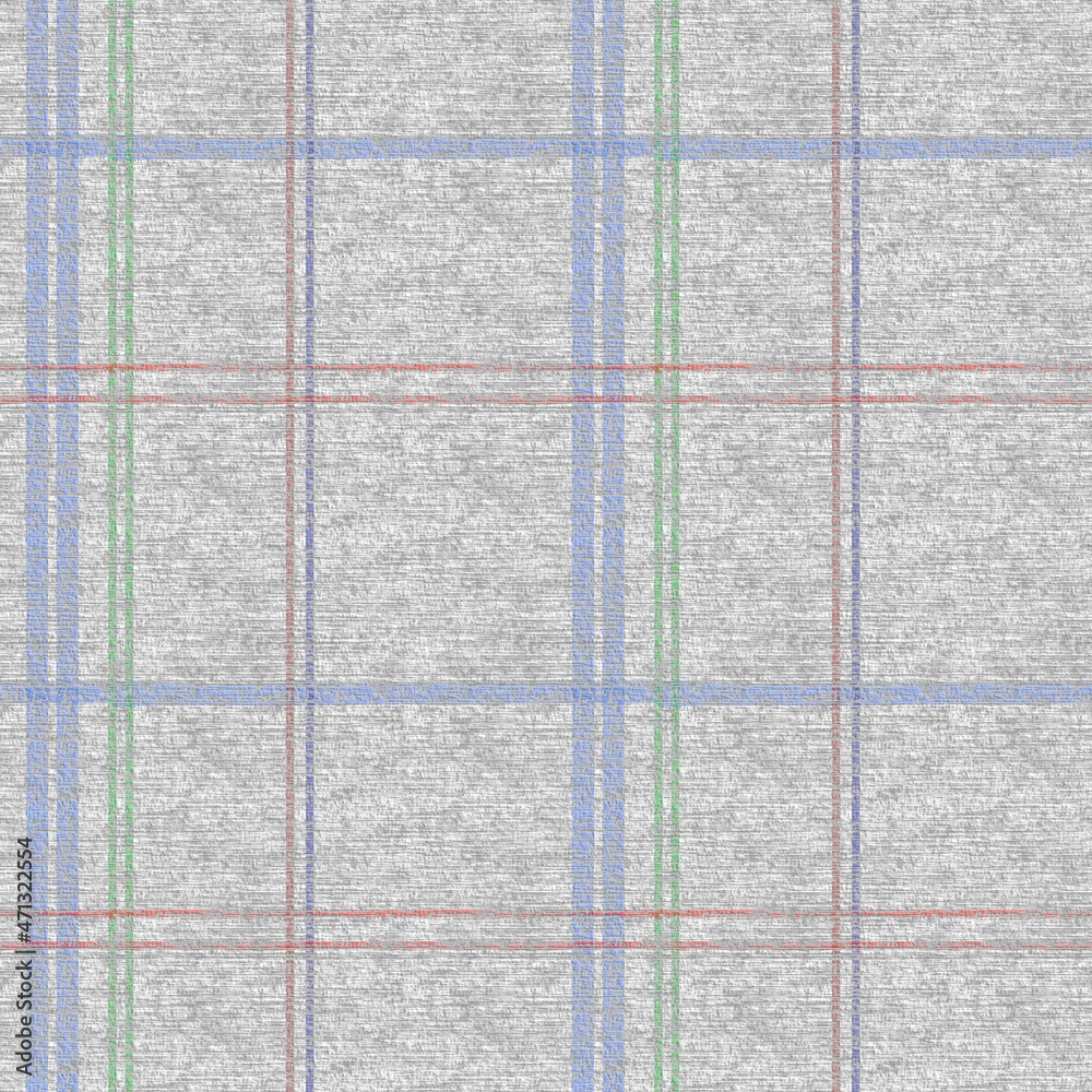 Fototapeta premium Seamless geometric checkered pattern of multicolored stripes on a gray textured background. Design of fabric, textiles, bed linen, tapestry, bedspreads, towels. Retro, rustic, old style.