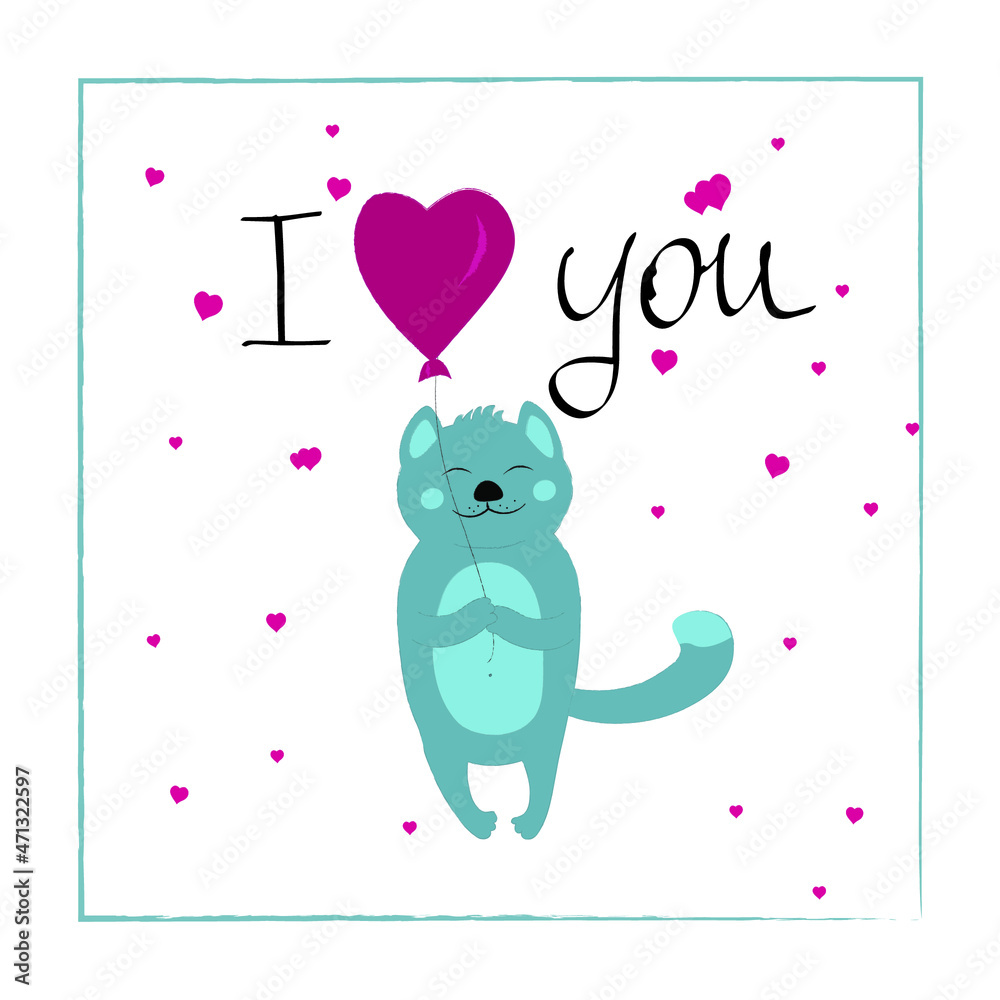 Greeting card of cute cat with heart shaped balloon.Lettering I love you Greeting card of cute cat with heart shaped balloon.Lettering I love you