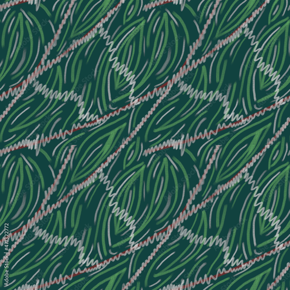 Seamless hand-drawn pattern of paint strokes, stripes. Green delicate ornament. Fashionable, stylish design of wall wallpaper, fabric, textiles, cover, background.