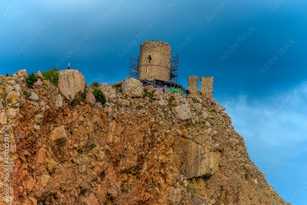 the Bay of Balaklava and the Ruins of Genoese fortress Cembalo. Balaklava, Crimea.