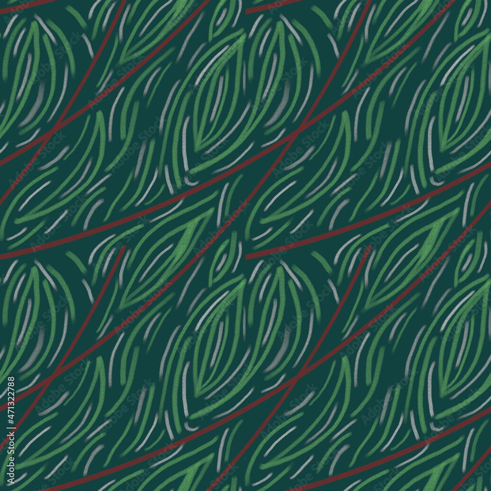 Seamless hand-drawn pattern of paint strokes, stripes. Green delicate ornament. Fashionable, stylish design of wall wallpaper, fabric, textiles, cover, background.