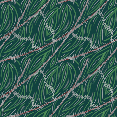 Seamless hand-drawn pattern of paint strokes, stripes. Green delicate ornament. Fashionable, stylish design of wall wallpaper, fabric, textiles, cover, background.