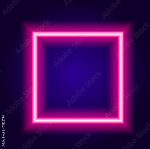 pink neon square. the frame is square in shape, glows brightly in the dark with pink lines, with an empty space inside for text on a dark blue background for a romantic design template