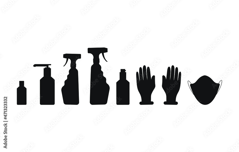 Antiseptic bottles, medical mask, rubber gloves. Black silhouette isolated on white background. Vector illustration, flat minimal cartoon design, eps 10. Antiseptic bottles, medical mask, rubber gloves. Black silhouette isolated on white background. Vector illustration, flat minimal cartoon design, eps 10.