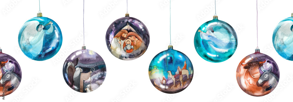 Watercolor Christmas balls with a nativity scene, a donkey and a bull, three wise men on camels, shepherds with sheep, singing angels. Seamless pattern. Christian christmas backgrounds, banner - obrazy, fototapety, plakaty 