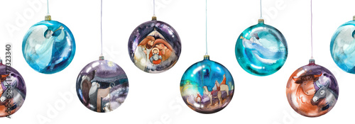 Leinwand Poster Watercolor Christmas balls with a nativity scene, a donkey and a bull, three wise men on camels, shepherds with sheep, singing angels