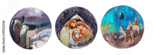  Christmas illustrations: Nativity scene, Virgin Mary with Joseph, baby Jesus Christ in a manger, Star of Bethlehem. Shepherds on the night of Bethlehem. Three wise men ride camels to Jerusalem