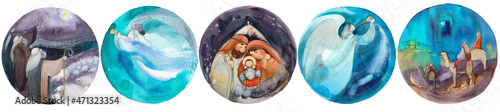 Watercolor illustrations with the nativity scene of St. Mary, Joseph and Jesus in a manger, three wise men on camels, shepherds with sheeps, angels trumpeting in a circle. Christian christmas design