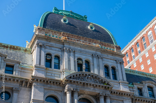 Providence City Hall was built in 1878 with Second Empire Baroque style at Kennedy Plaza at 25 Dorrance Street in downtown Providence, Rhode Island RI, USA.