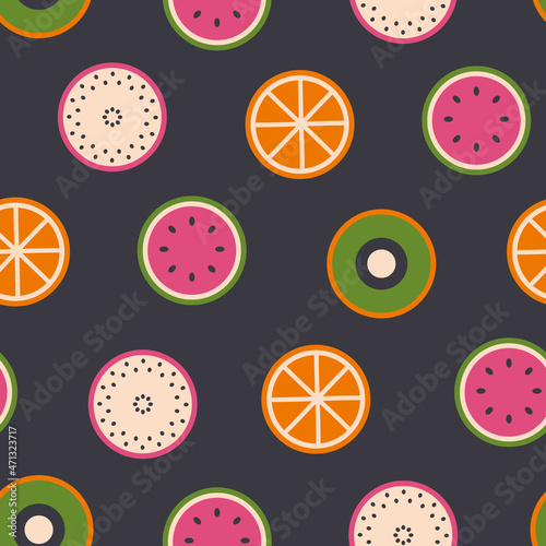 Vector colorful geometric fruits on a black background seamless pattern. Playful, bold and simple. Perfect for fabric, wallpaper, scrapbooking and stationery. Surface pattern design.