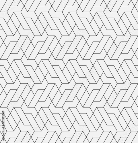 Pattern with diagonal lines and geometric shapes on white background. Seamless abstract monochrome linear texture. Hexagonal background. Linear graphic design for textile, fabric and wrapping.