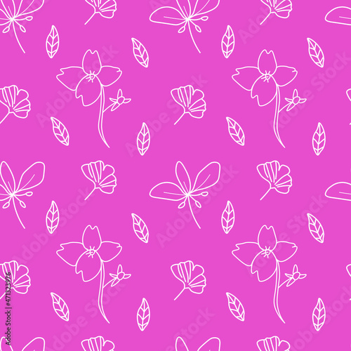 Vector seamless pattern with white flowers on Pacific Pink.Simple,floral,minimalist,festive print  doodle style.Designs for prints,stickers,social media,printing,invitations,textiles,wrapping paper.