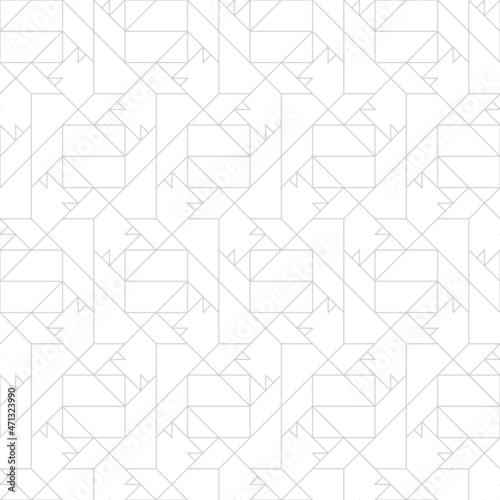 Pattern with thin straight grey lines and geometric shapes on white background. Seamless abstract monochrome linear texture. Modern fractal background. Linear graphic design for textile and wrapping.