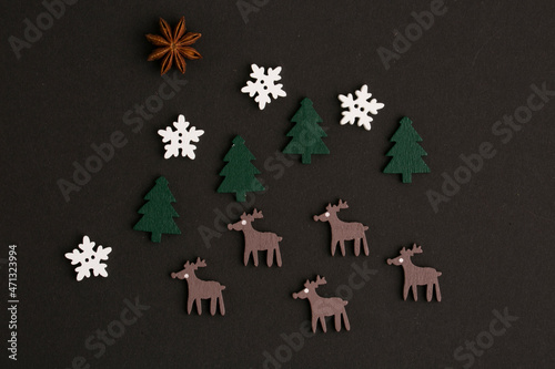 set of decorative christmas items on black background