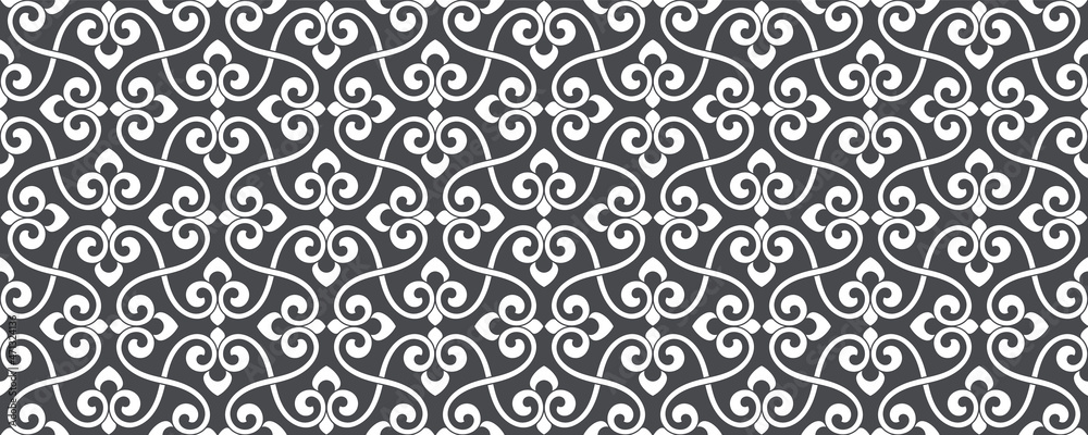 Pattern with white stylized floral branches, flovwers and leaves on grey background. Trendy seamless design for textile, fabric and wrapping in Arabic style. Monochrome vector Seamless ornament.