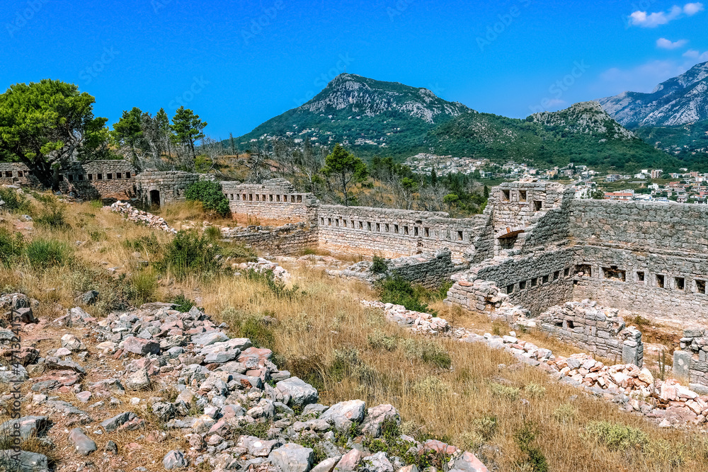 Ruins of an ancient fortress on a mountain in the vicinity of the city of Sutomore (Montenegro). Golo brdo. Mountains. Balkans.