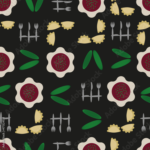 Vector black abstract Eastern European food love seamless pattern. Playful, bold and funny. Perfect for fabric, wallpaper, scrapbooking and stationery. Surface pattern design.