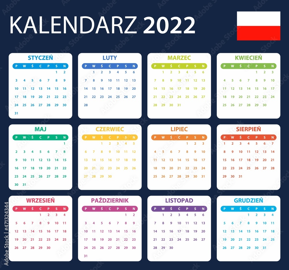 Polish Calendar for 2022. Scheduler, agenda or diary template. Week