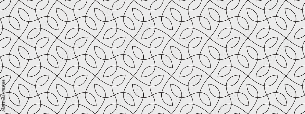 Pattern with thin elegant curved lines and petals forming floral ornamental wallpaper. Abstract vector monochrome texture with thin endless line. Geometric seamless background. Minimalistic design.