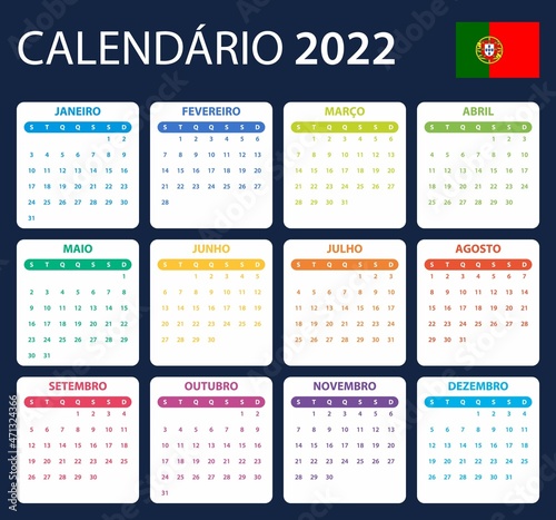 Portuguese Calendar for 2022. Scheduler, agenda or diary template. Week starts on Monday