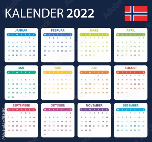 Norwegian Calendar for 2022. Scheduler, agenda or diary template. Week starts on Monday