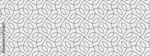 Pattern with thin elegant curved lines and petals forming floral ornamental wallpaper. Abstract vector monochrome texture with thin endless line. Geometric seamless background. Minimalistic design.