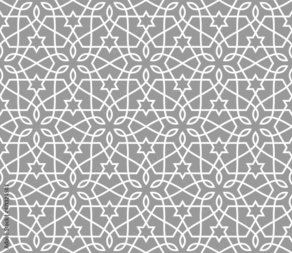 Pattern with intersecting white stripes, stars, stylized leaves on grey background. Abstract seamless vector design for textile, fabric and wallpaper. Stylish monochrome lattice design.