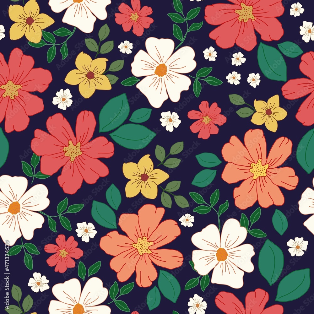Seamless vintage pattern. Wonderful red, white and yellow flowers on a dark blue background. vector texture. Fashionable print for textiles and wallpaper.