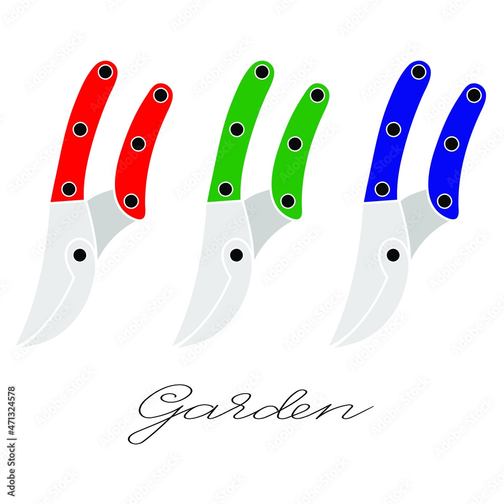 Gardening tools set of three pruners in different colours and lettering handdrawn word outline