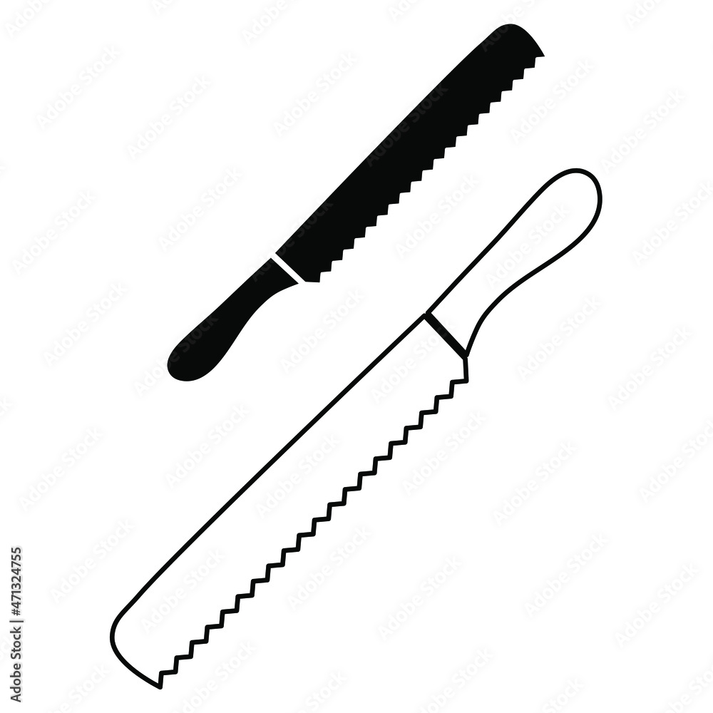 Kitchen tools set of two bread knives line and negative outline simple minimalistic flat design vector illustration isolated on white background Kitchen tools set of two bread knives line and negative outline simple minimalistic flat design vector illustration isolated on white background