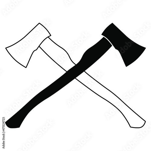 Gardening tools set of two axes crossed logo label outline simple minimalistic flat design vector illustration isolated on white background
