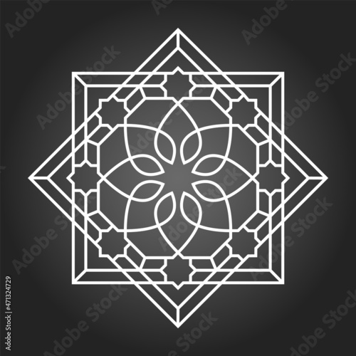 Circular pattern with intersecting lines, stars stylized leaves and flower. Round geometric vector ornament in Arabic style. Mandala.