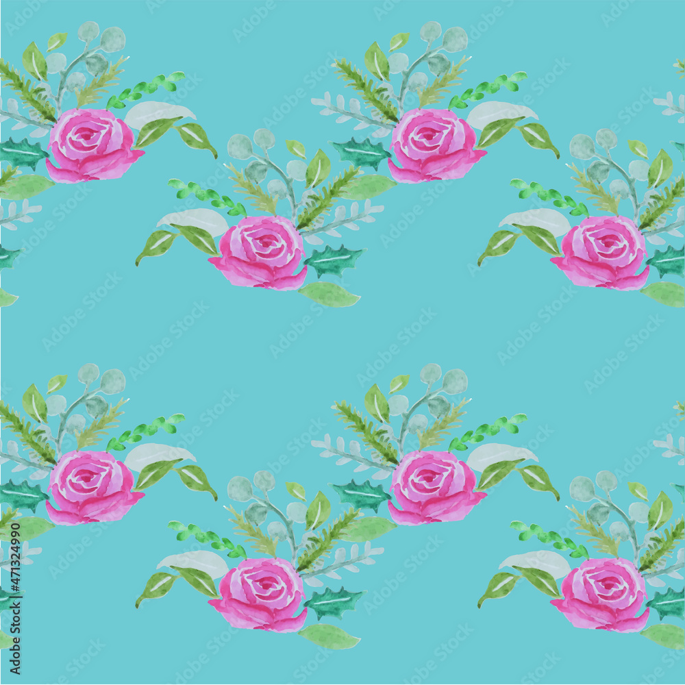 Rose pink green leaves on blue art design element art design elements stock vector illustration for web, for print, for wall