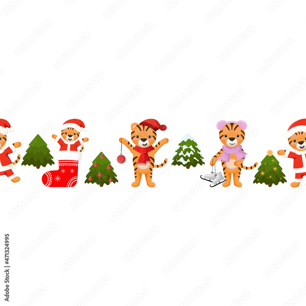 Fototapeta premium Christmas seamless border with little tiger and Christmas tree. Cute winter holidays background.